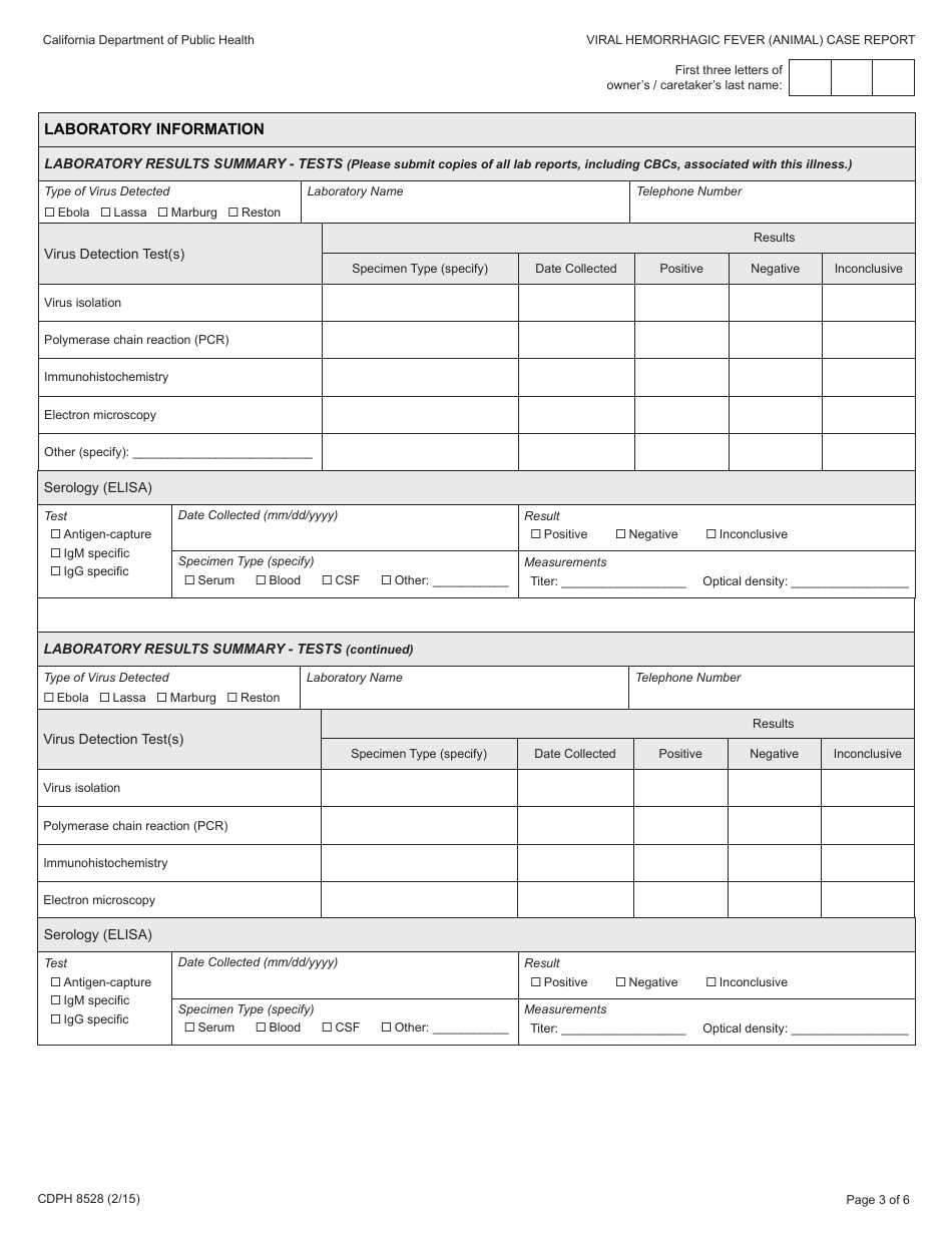 Form CDPH8528 Viral Hemorrhagic Fever (Animal) Case Report - California, Page 3