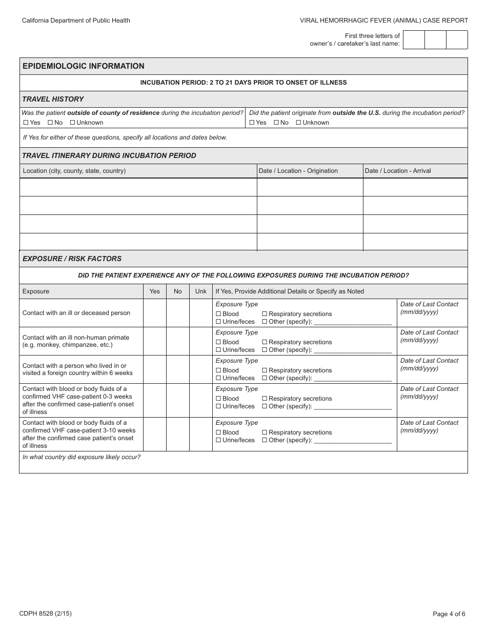 Form CDPH8528 Viral Hemorrhagic Fever (Animal) Case Report - California, Page 4