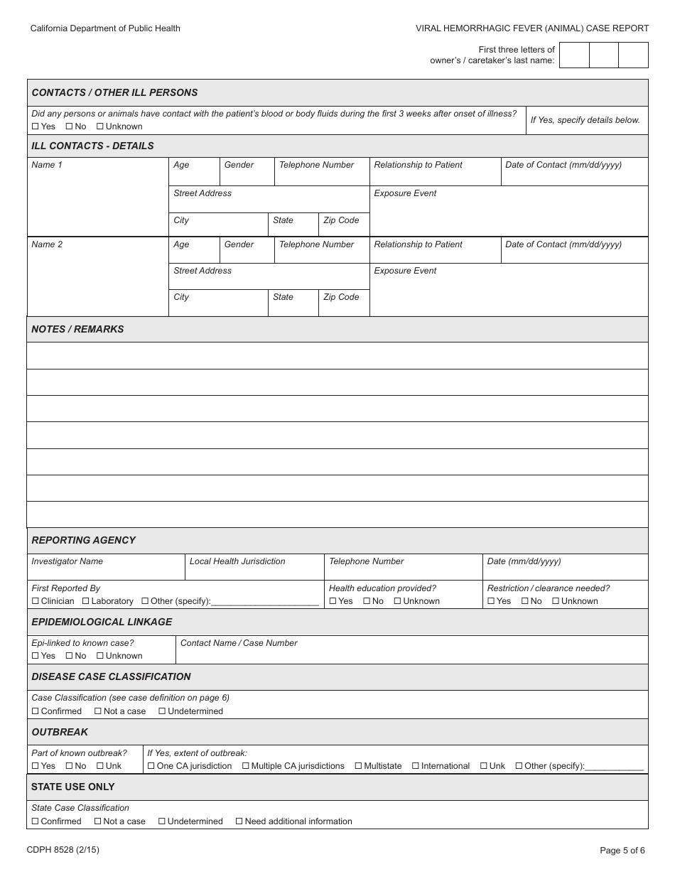 Form CDPH8528 Viral Hemorrhagic Fever (Animal) Case Report - California, Page 5