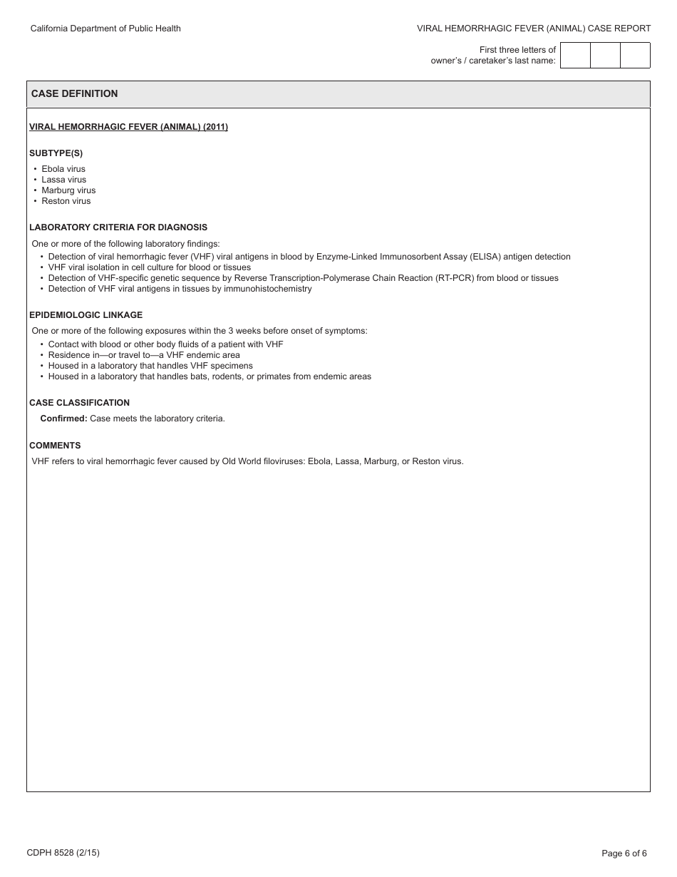 Form CDPH8528 Viral Hemorrhagic Fever (Animal) Case Report - California, Page 6