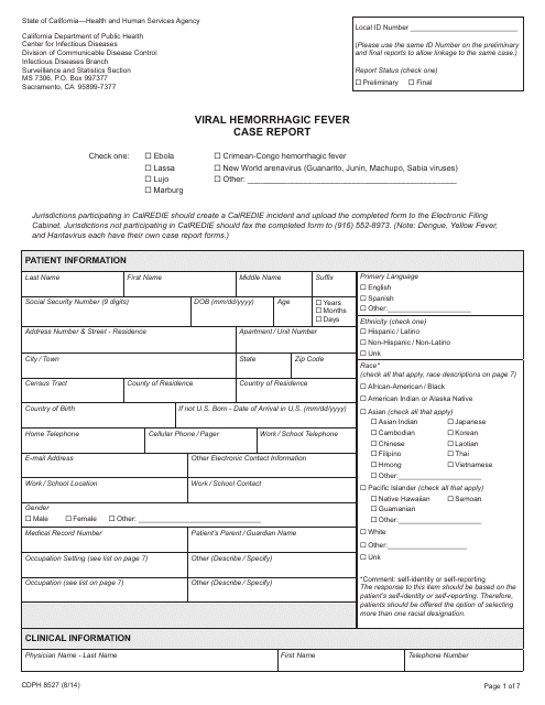 Form CDPH8527 Viral Hemorrhagic Fever Case Report - California