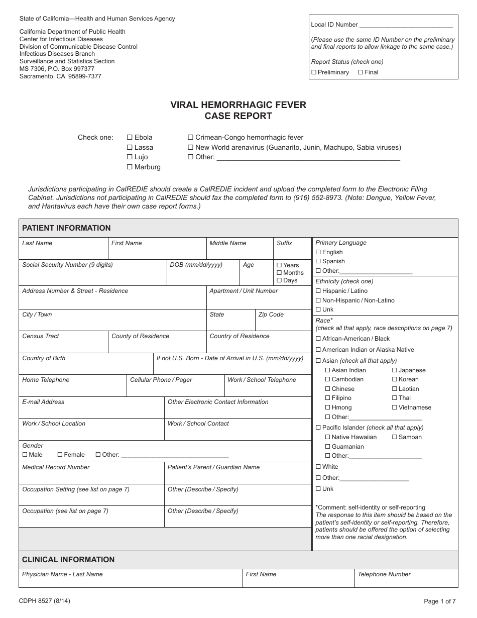 Form CDPH8527 Viral Hemorrhagic Fever Case Report - California, Page 1
