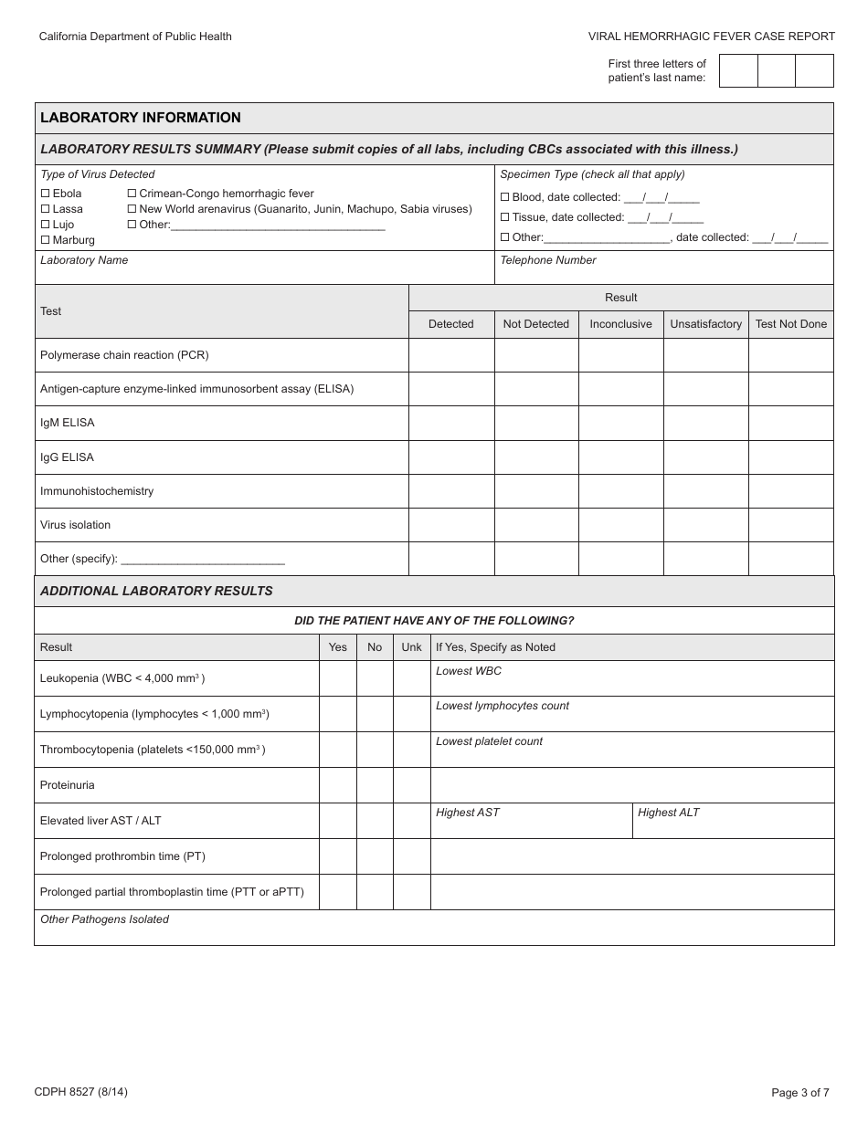 Form CDPH8527 Viral Hemorrhagic Fever Case Report - California, Page 3