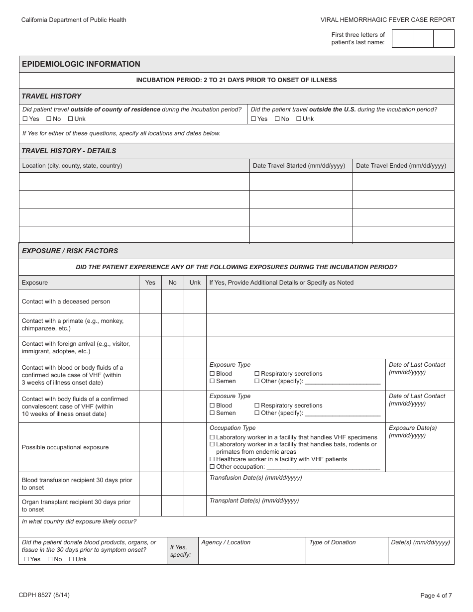 Form CDPH8527 Viral Hemorrhagic Fever Case Report - California, Page 4