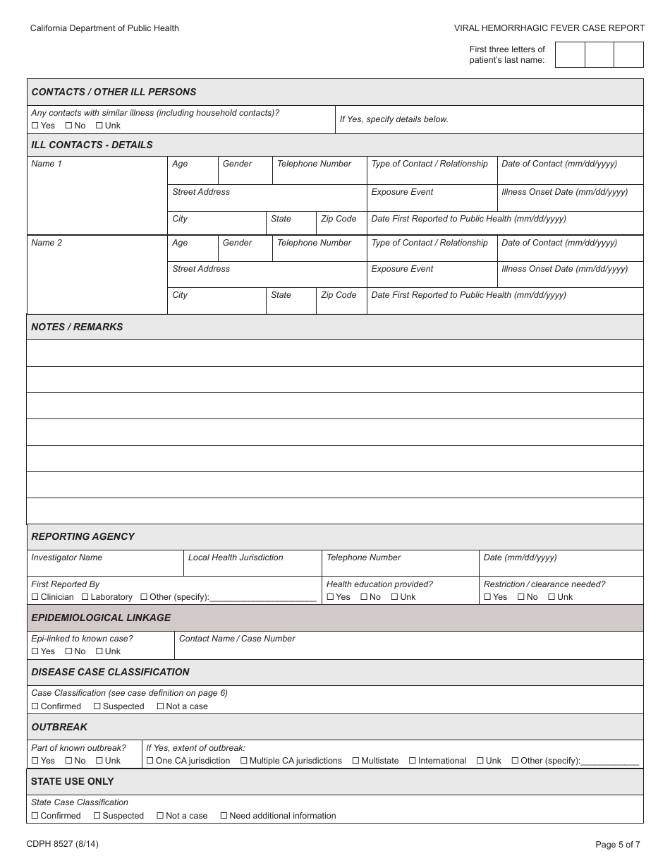 Form CDPH8527 Viral Hemorrhagic Fever Case Report - California, Page 5