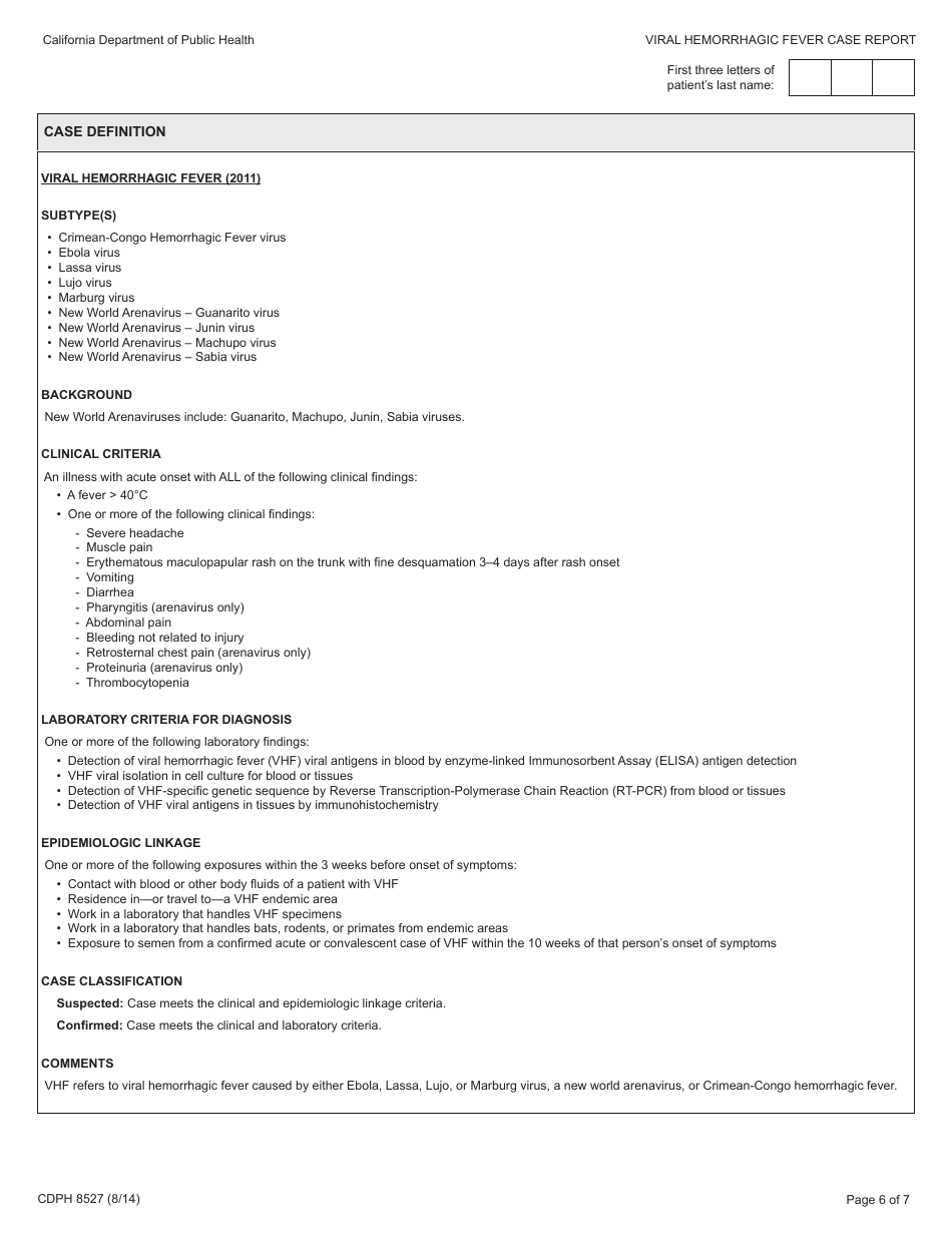 Form CDPH8527 Viral Hemorrhagic Fever Case Report - California, Page 6