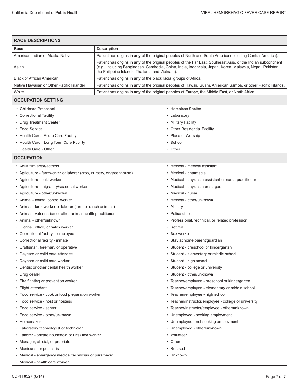 Form CDPH8527 Viral Hemorrhagic Fever Case Report - California, Page 7