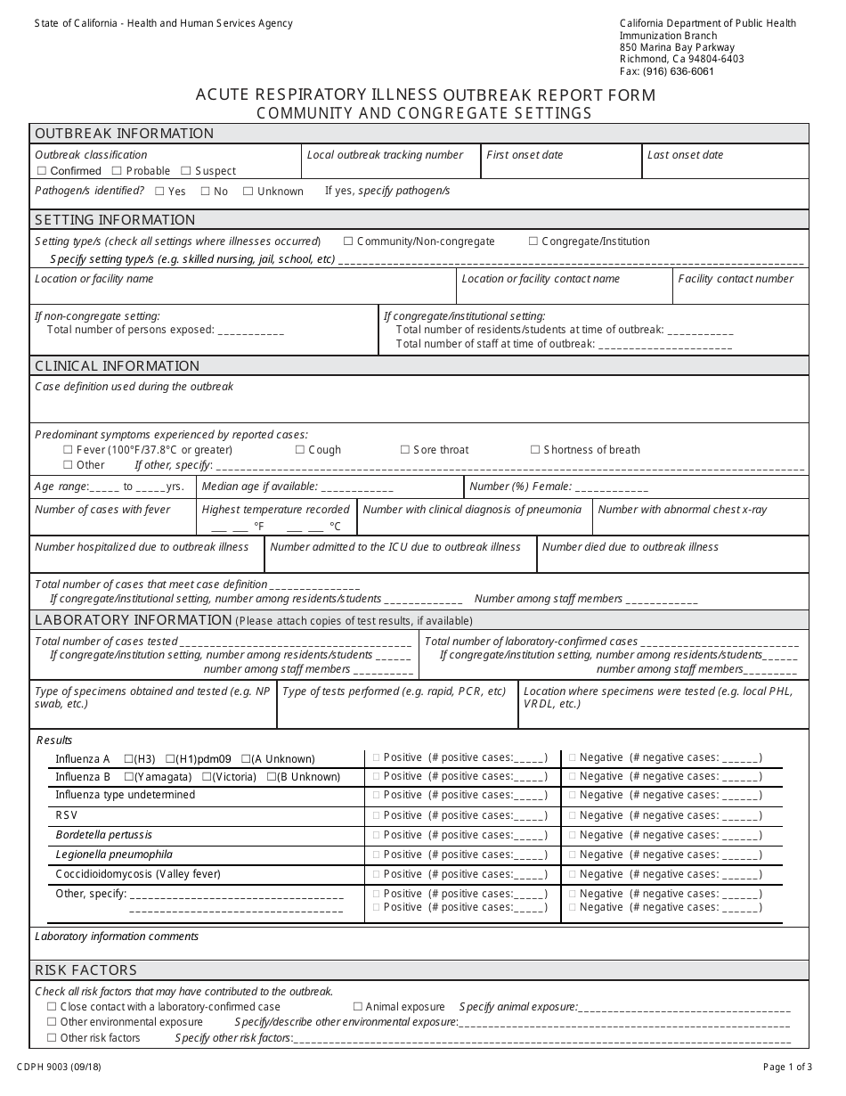 Form CDPH9003 Acute Respiratory Illness Outbreak Report Form - Community and Congregate Settings - California, Page 1
