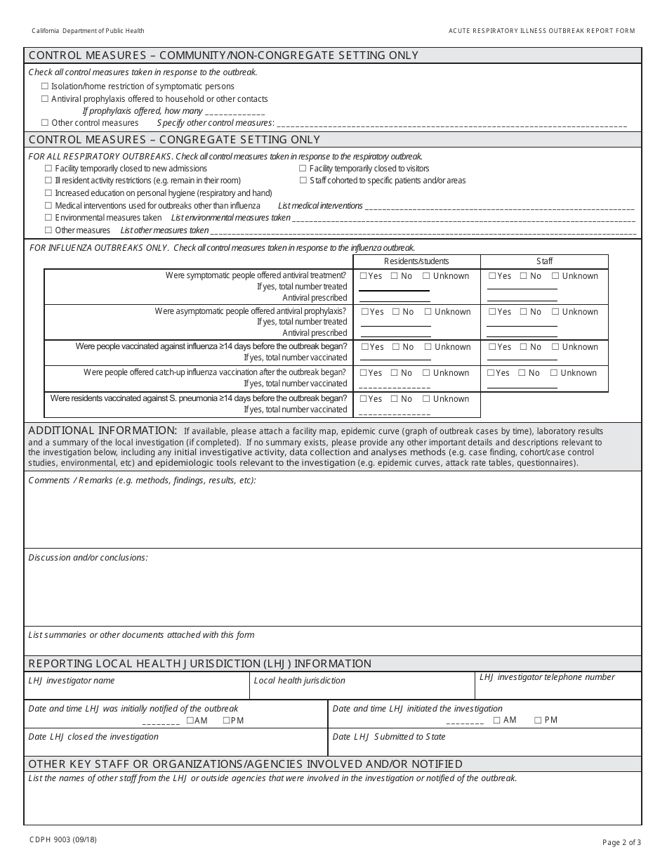 Form CDPH9003 Acute Respiratory Illness Outbreak Report Form - Community and Congregate Settings - California, Page 2