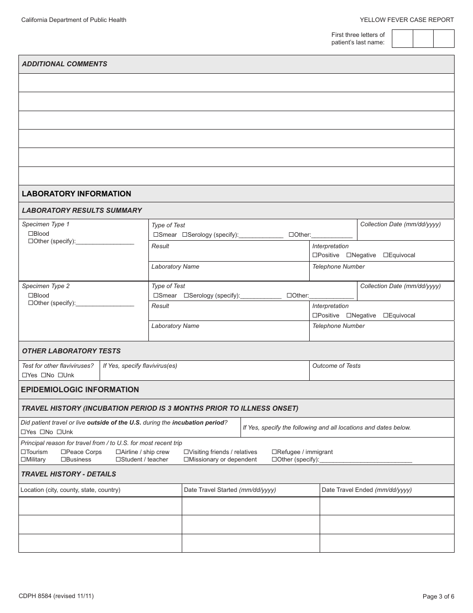 Form CDPH8584 yellow Fever Case Report - California, Page 3