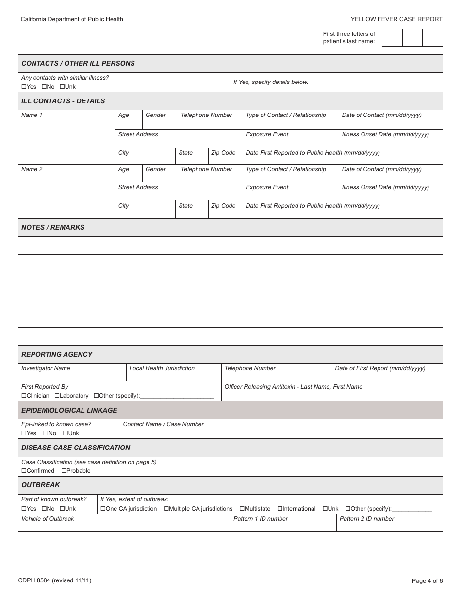 Form CDPH8584 yellow Fever Case Report - California, Page 4