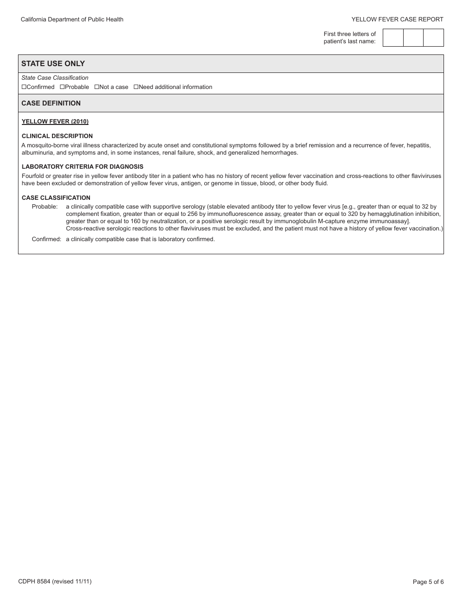 Form CDPH8584 yellow Fever Case Report - California, Page 5