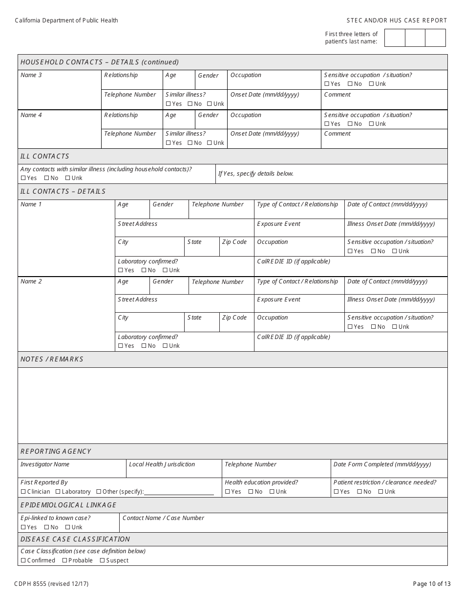 Form CDPH8555 Shiga Toxin-Producing Escherichia Coli (Stec) and / or Hemolytic Uremic Syndrome (Hus) Case Report - California, Page 10