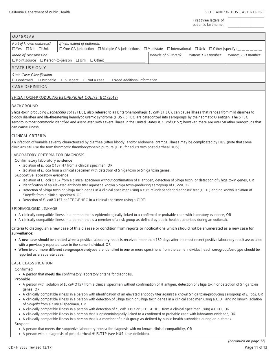Form CDPH8555 Shiga Toxin-Producing Escherichia Coli (Stec) and / or Hemolytic Uremic Syndrome (Hus) Case Report - California, Page 11