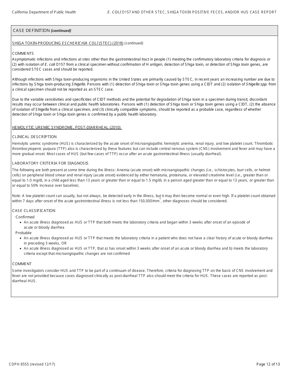 Form CDPH8555 Shiga Toxin-Producing Escherichia Coli (Stec) and / or Hemolytic Uremic Syndrome (Hus) Case Report - California, Page 12