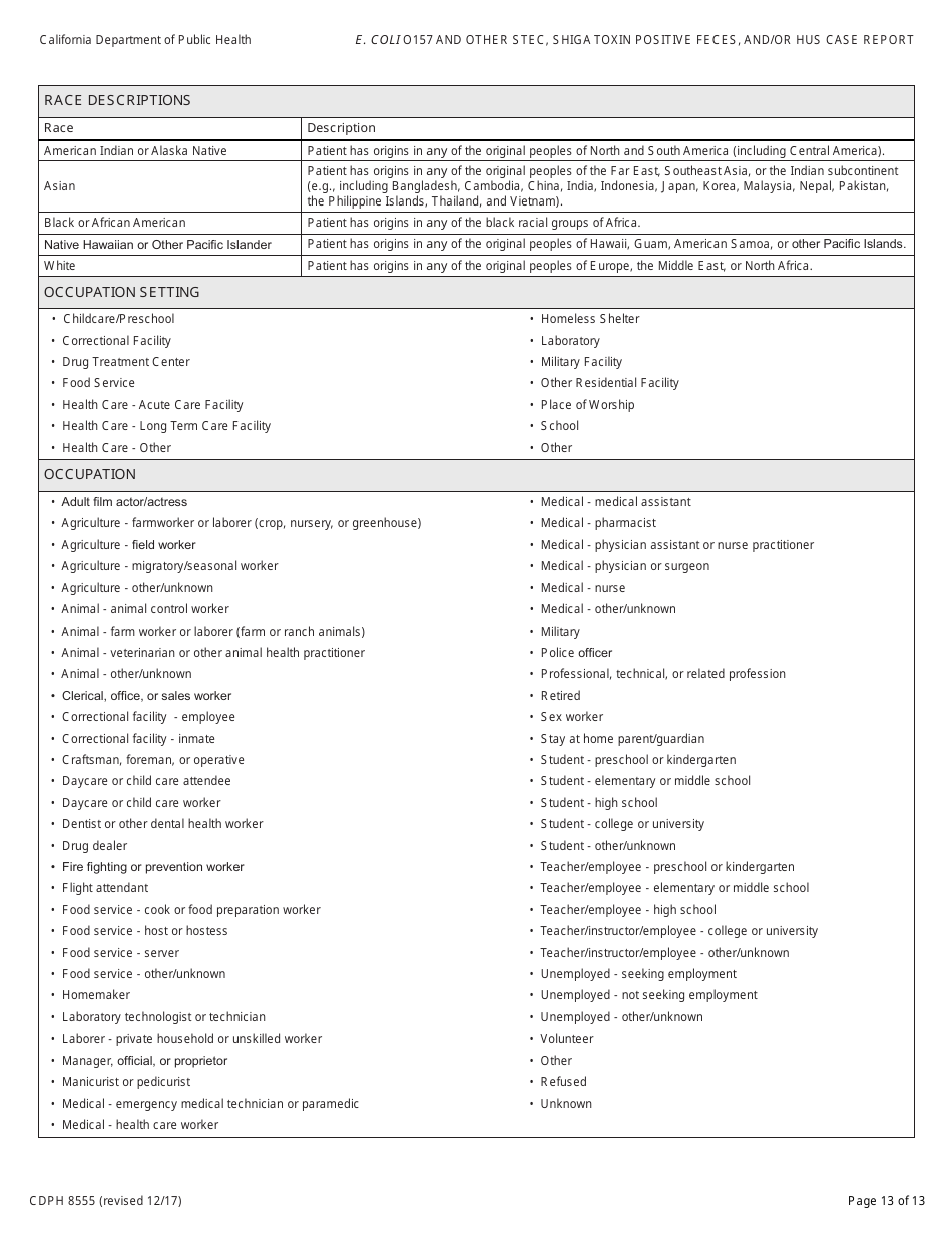Form CDPH8555 Shiga Toxin-Producing Escherichia Coli (Stec) and / or Hemolytic Uremic Syndrome (Hus) Case Report - California, Page 13