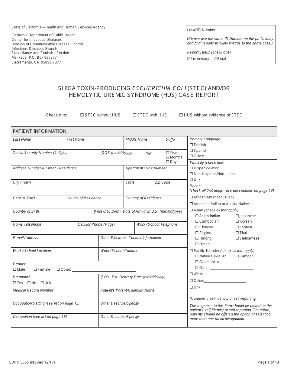 Form CDPH8555 Shiga Toxin-Producing Escherichia Coli (Stec) and / or Hemolytic Uremic Syndrome (Hus) Case Report - California, Page 1