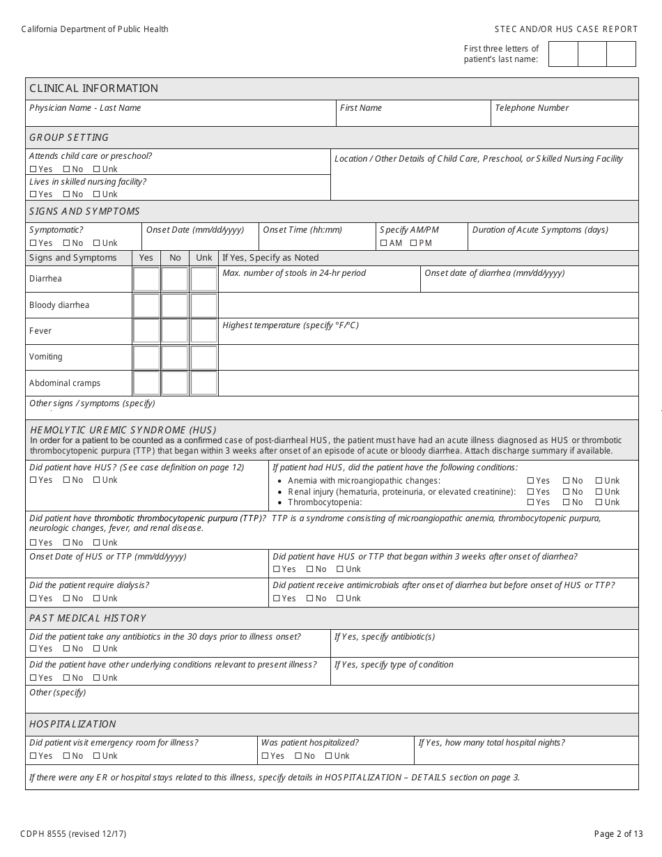Form CDPH8555 Shiga Toxin-Producing Escherichia Coli (Stec) and / or Hemolytic Uremic Syndrome (Hus) Case Report - California, Page 2