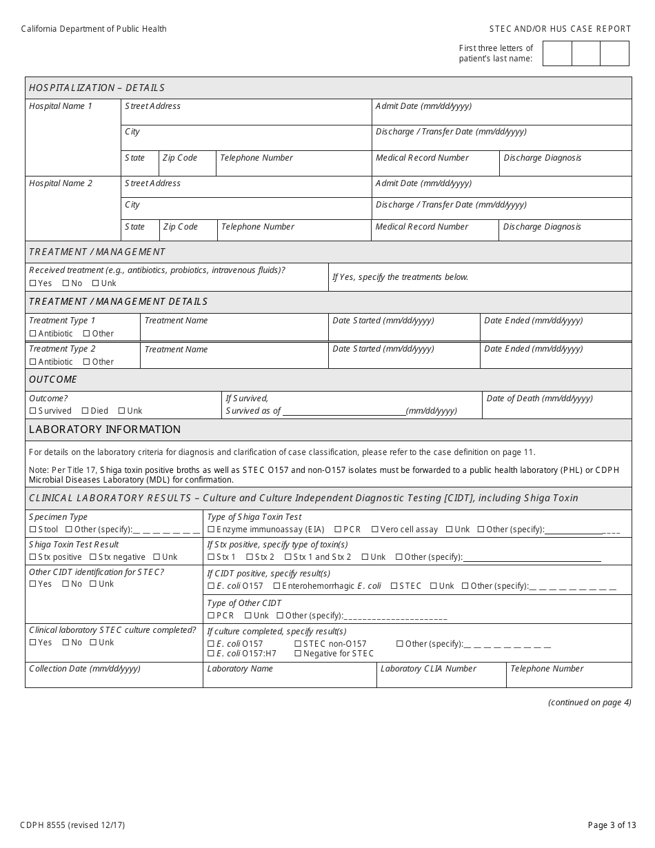 Form CDPH8555 Shiga Toxin-Producing Escherichia Coli (Stec) and / or Hemolytic Uremic Syndrome (Hus) Case Report - California, Page 3