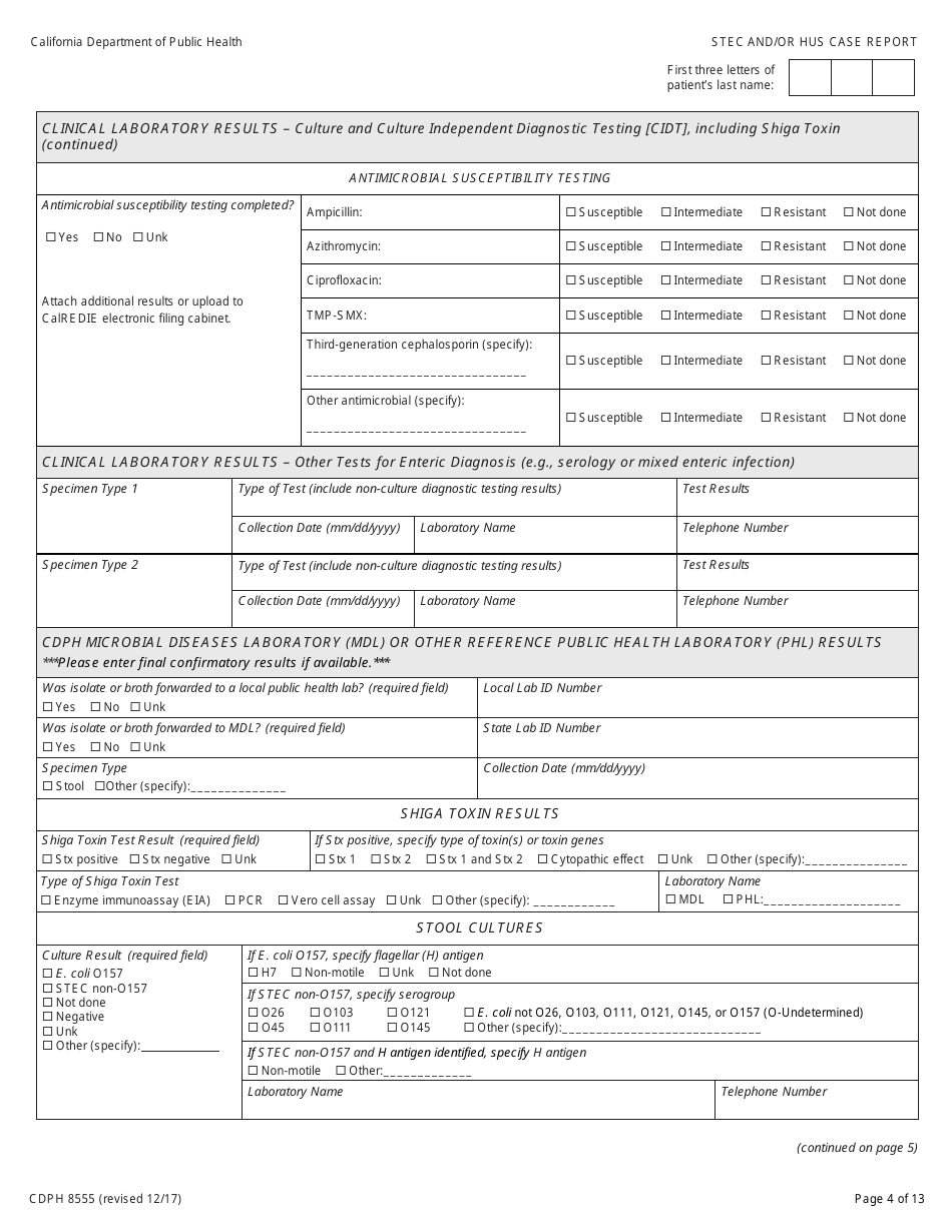 Form CDPH8555 Shiga Toxin-Producing Escherichia Coli (Stec) and / or Hemolytic Uremic Syndrome (Hus) Case Report - California, Page 4