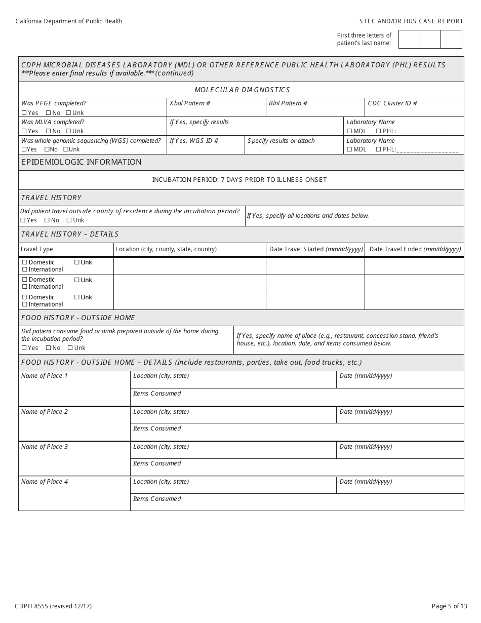 Form CDPH8555 Shiga Toxin-Producing Escherichia Coli (Stec) and / or Hemolytic Uremic Syndrome (Hus) Case Report - California, Page 5