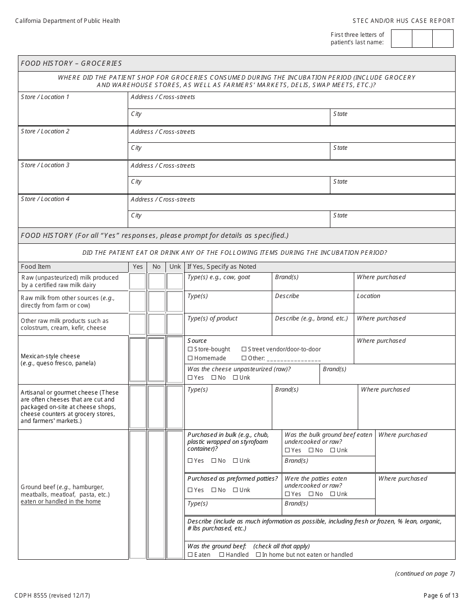 Form CDPH8555 Shiga Toxin-Producing Escherichia Coli (Stec) and / or Hemolytic Uremic Syndrome (Hus) Case Report - California, Page 6