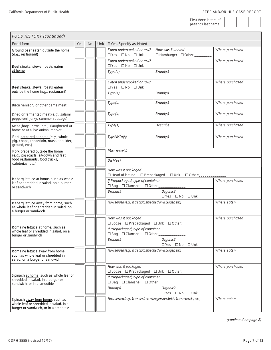 Form CDPH8555 Shiga Toxin-Producing Escherichia Coli (Stec) and / or Hemolytic Uremic Syndrome (Hus) Case Report - California, Page 7