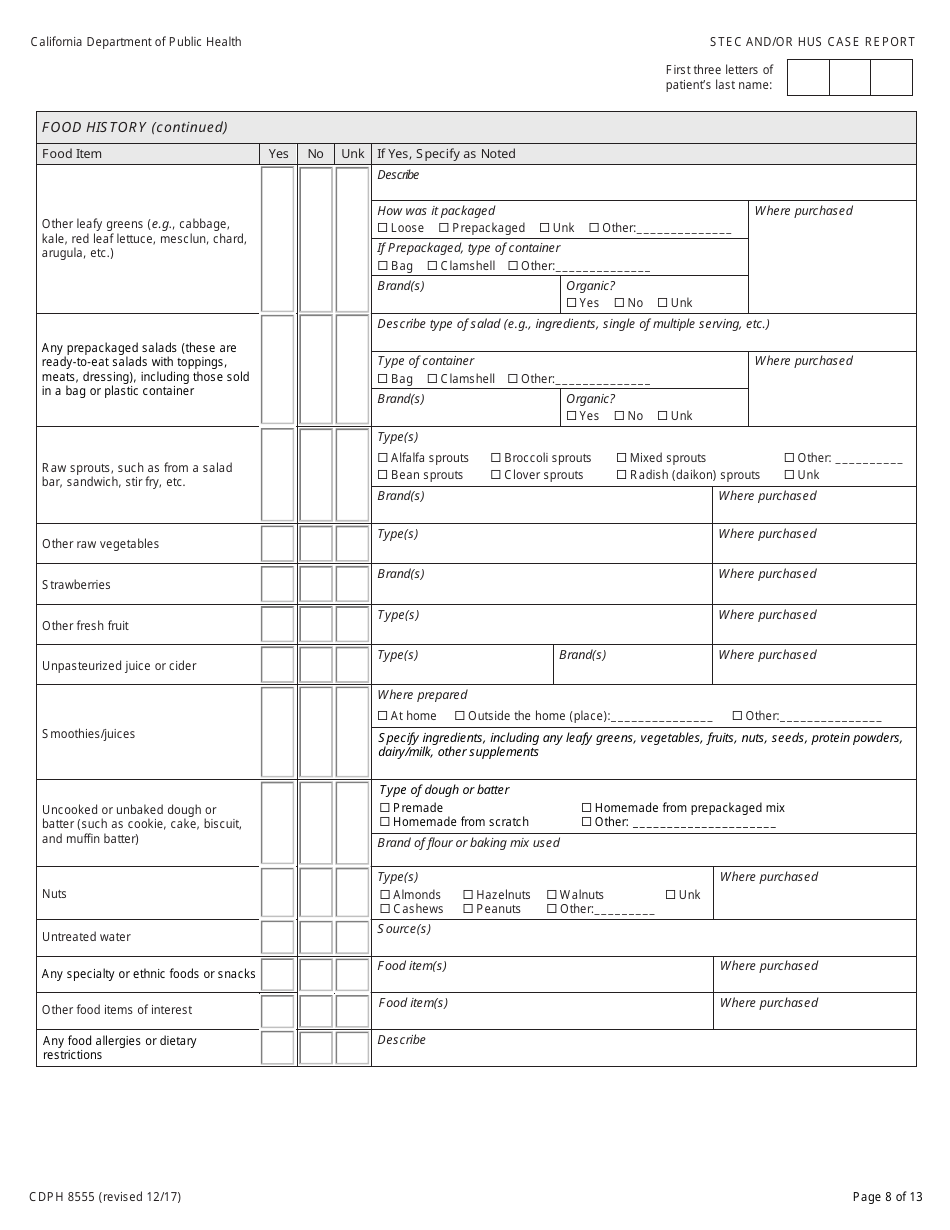 Form CDPH8555 Shiga Toxin-Producing Escherichia Coli (Stec) and / or Hemolytic Uremic Syndrome (Hus) Case Report - California, Page 8