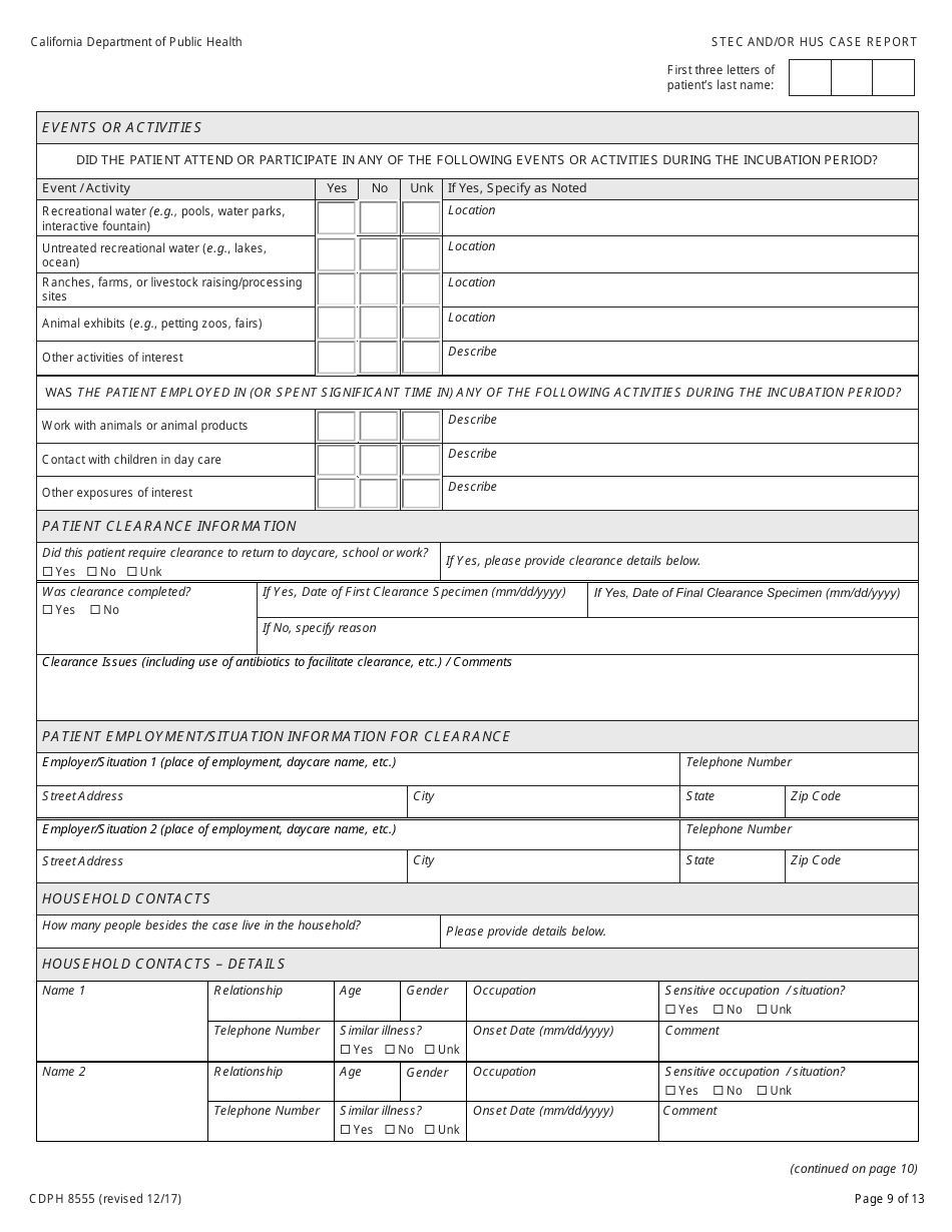Form CDPH8555 Shiga Toxin-Producing Escherichia Coli (Stec) and / or Hemolytic Uremic Syndrome (Hus) Case Report - California, Page 9