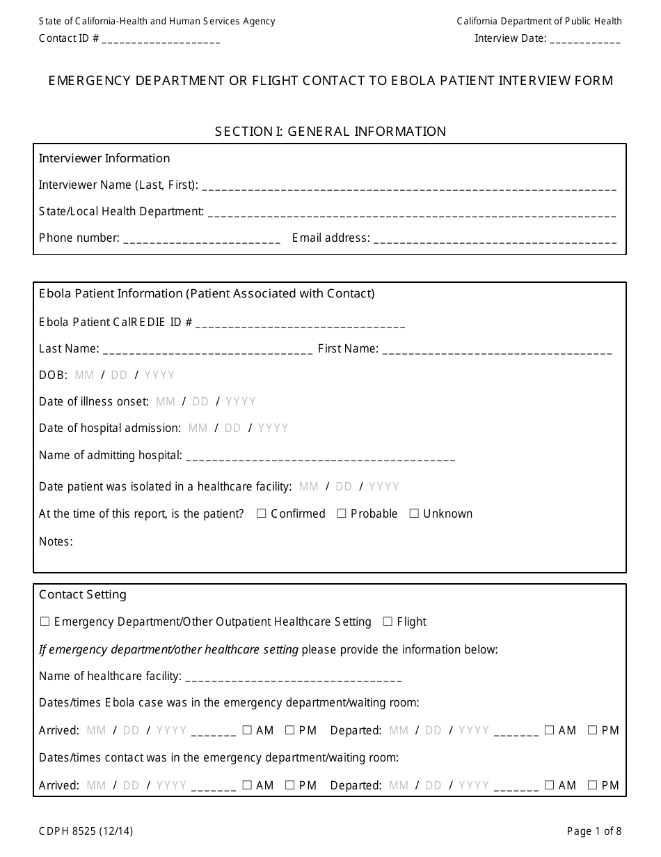 Form CDPH8525 Emergency Department or Flight Contact to Ebola Patient Interview Form - California, Page 1