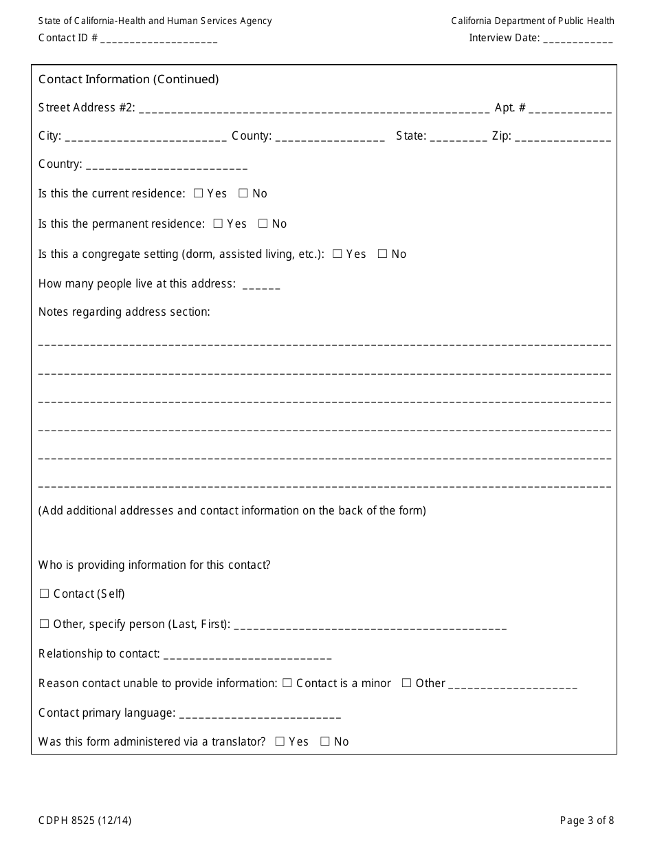 Form CDPH8525 Emergency Department or Flight Contact to Ebola Patient Interview Form - California, Page 3