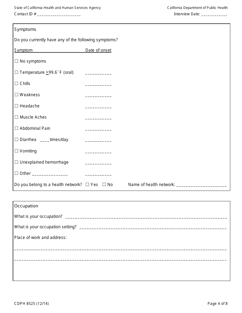 Form CDPH8525 Emergency Department or Flight Contact to Ebola Patient Interview Form - California, Page 4