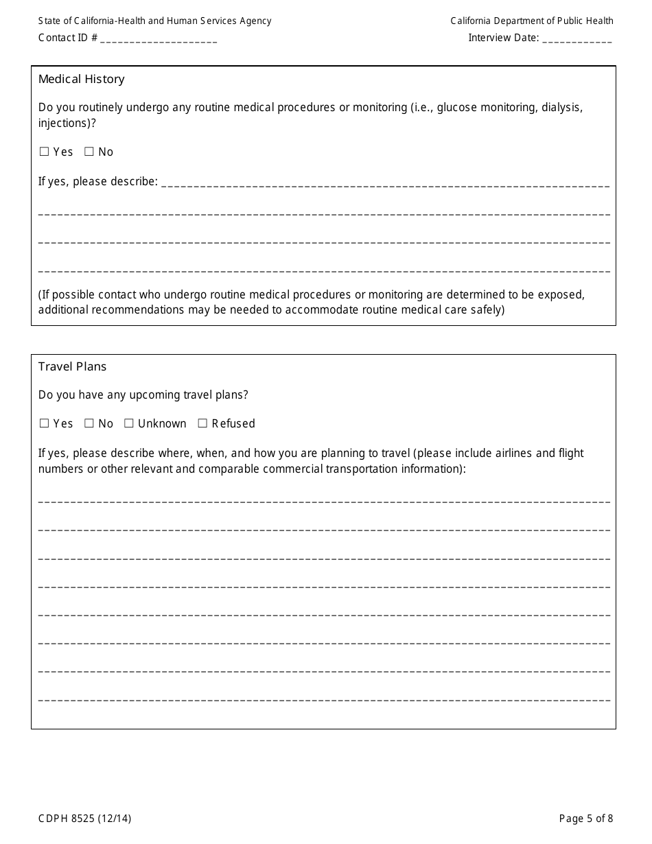Form CDPH8525 Emergency Department or Flight Contact to Ebola Patient Interview Form - California, Page 5