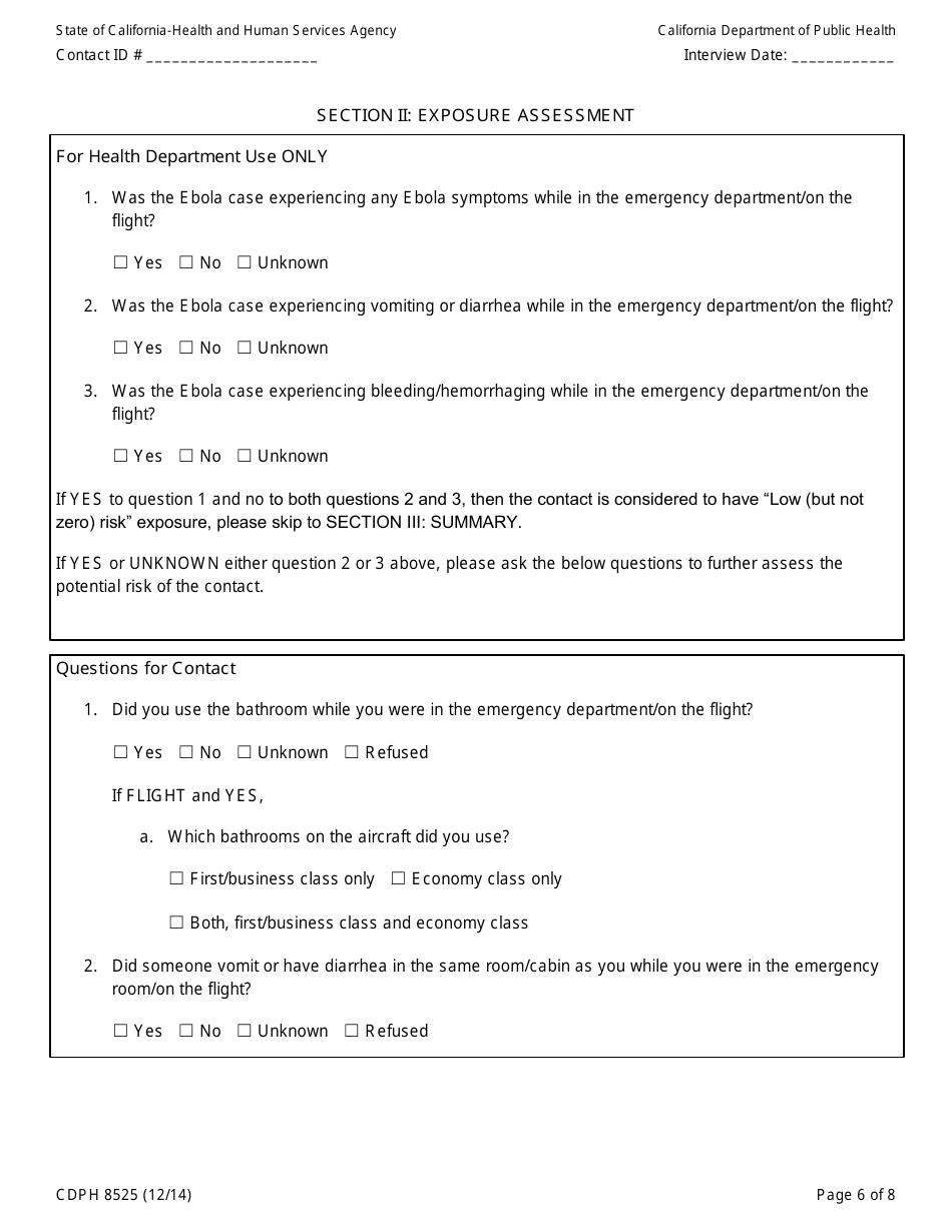 Form CDPH8525 Emergency Department or Flight Contact to Ebola Patient Interview Form - California, Page 6
