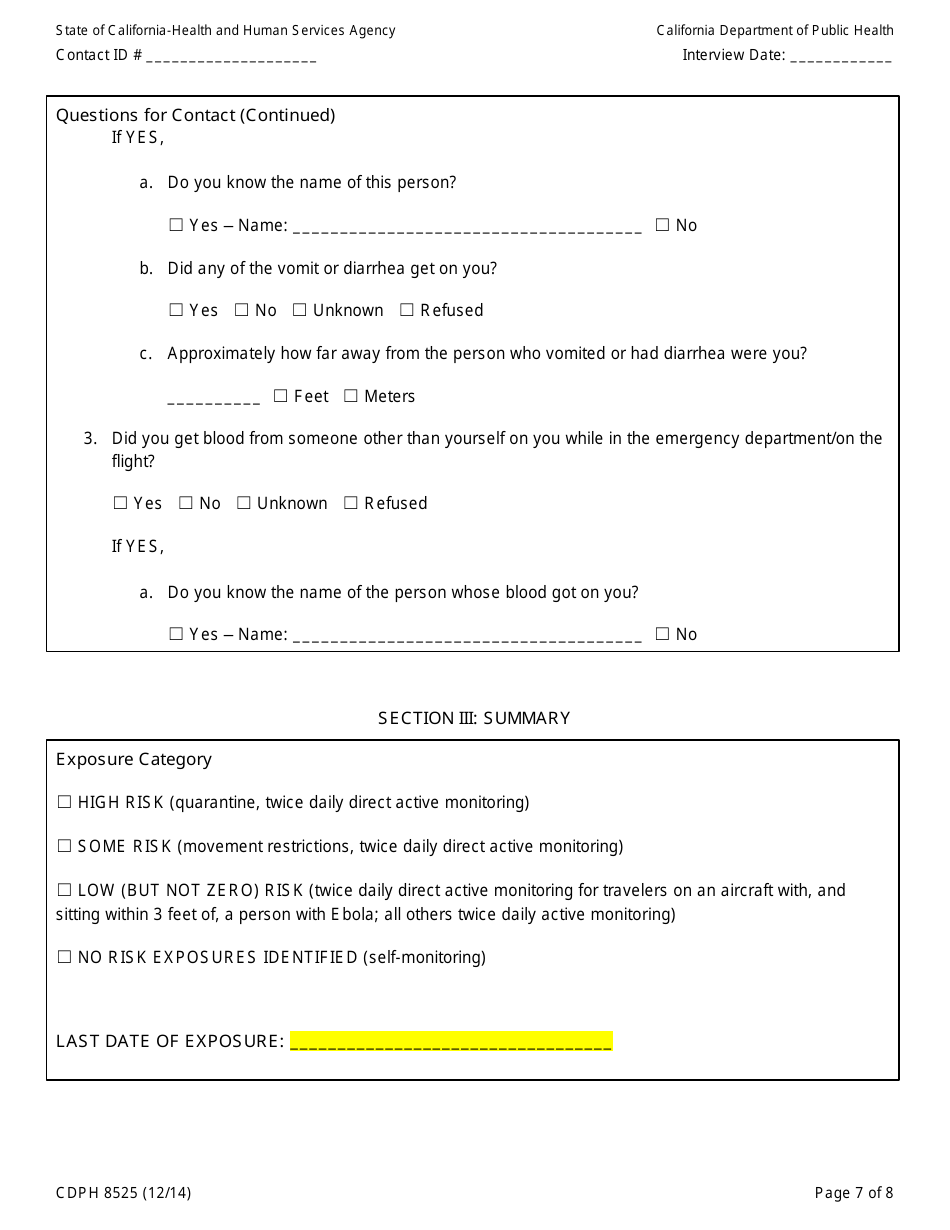 Form CDPH8525 Emergency Department or Flight Contact to Ebola Patient Interview Form - California, Page 7
