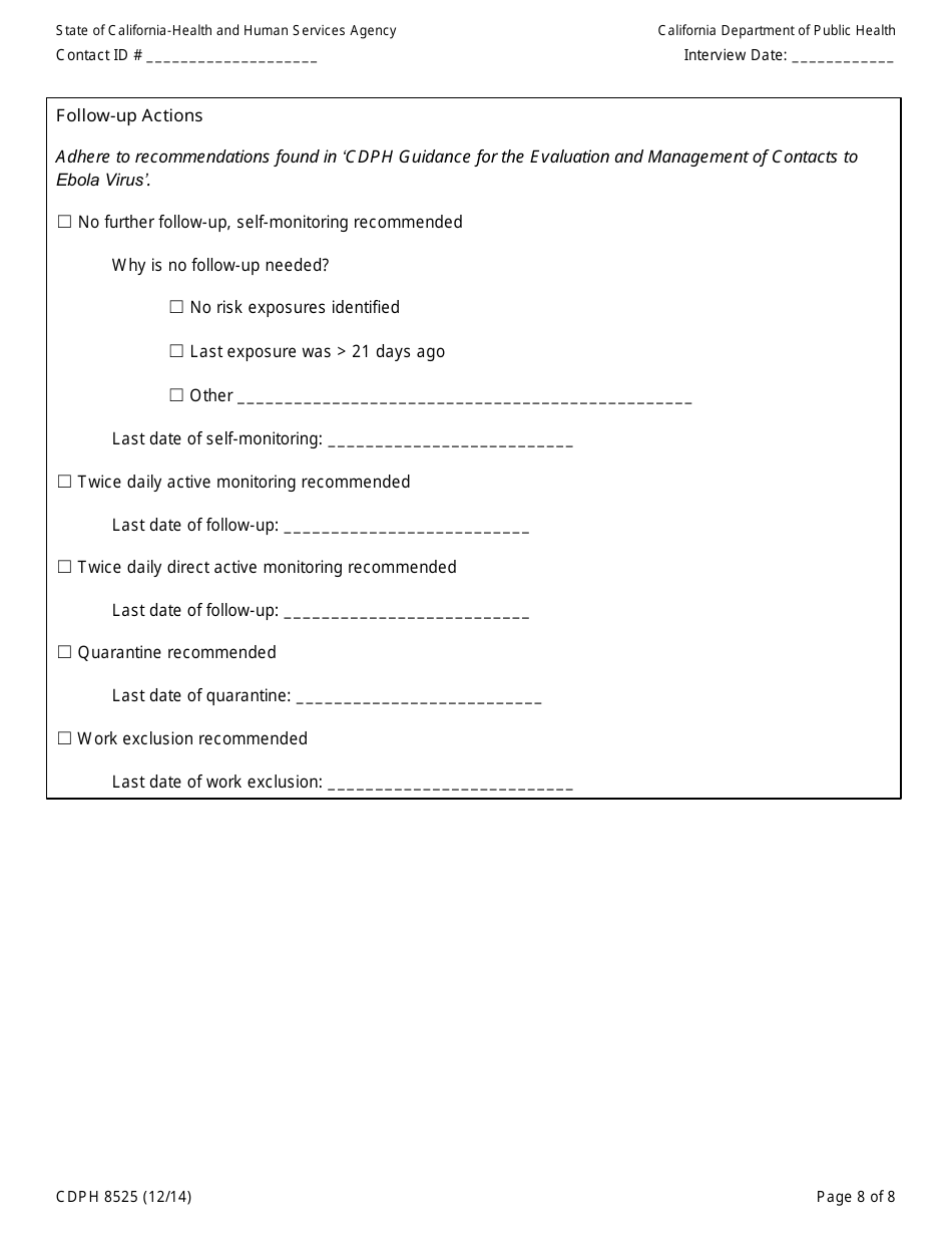 Form CDPH8525 Emergency Department or Flight Contact to Ebola Patient Interview Form - California, Page 8