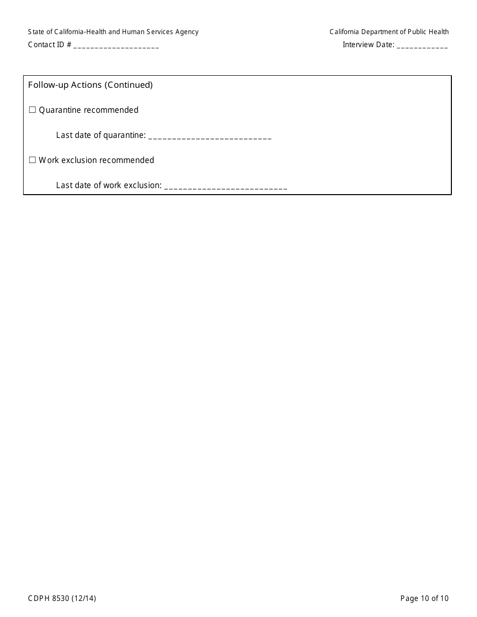 Form CDPH8530 Healthcare Worker (Hcw) Contact to Ebola Patient Interview Form - California, Page 10