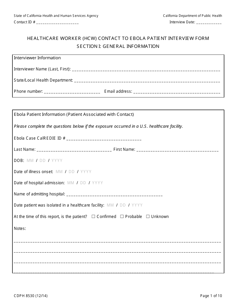 Form CDPH8530 Healthcare Worker (Hcw) Contact to Ebola Patient Interview Form - California, Page 1