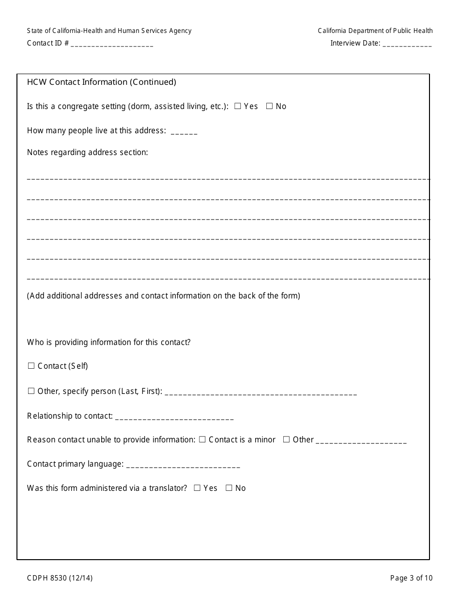 Form CDPH8530 Healthcare Worker (Hcw) Contact to Ebola Patient Interview Form - California, Page 3