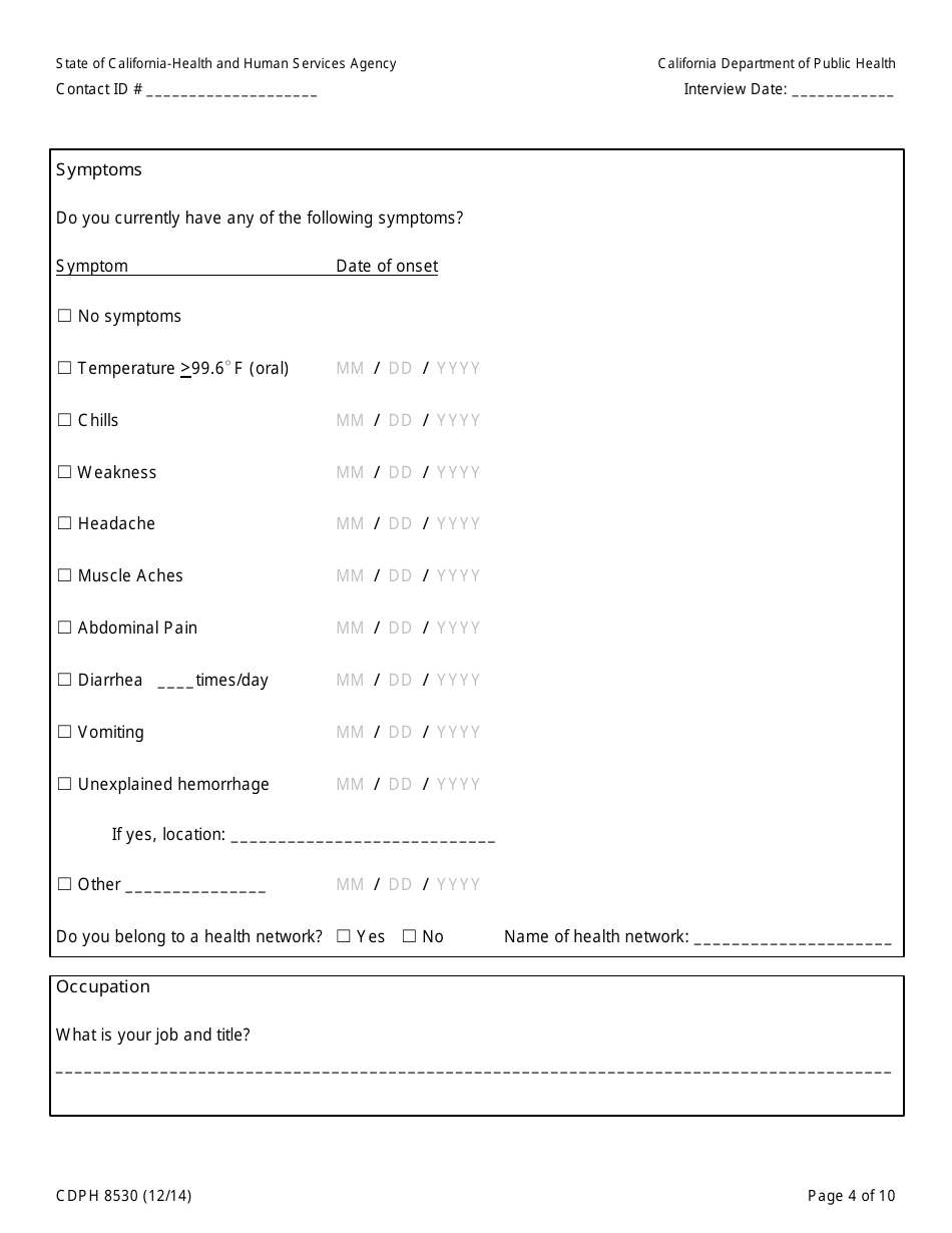 Form CDPH8530 Healthcare Worker (Hcw) Contact to Ebola Patient Interview Form - California, Page 4