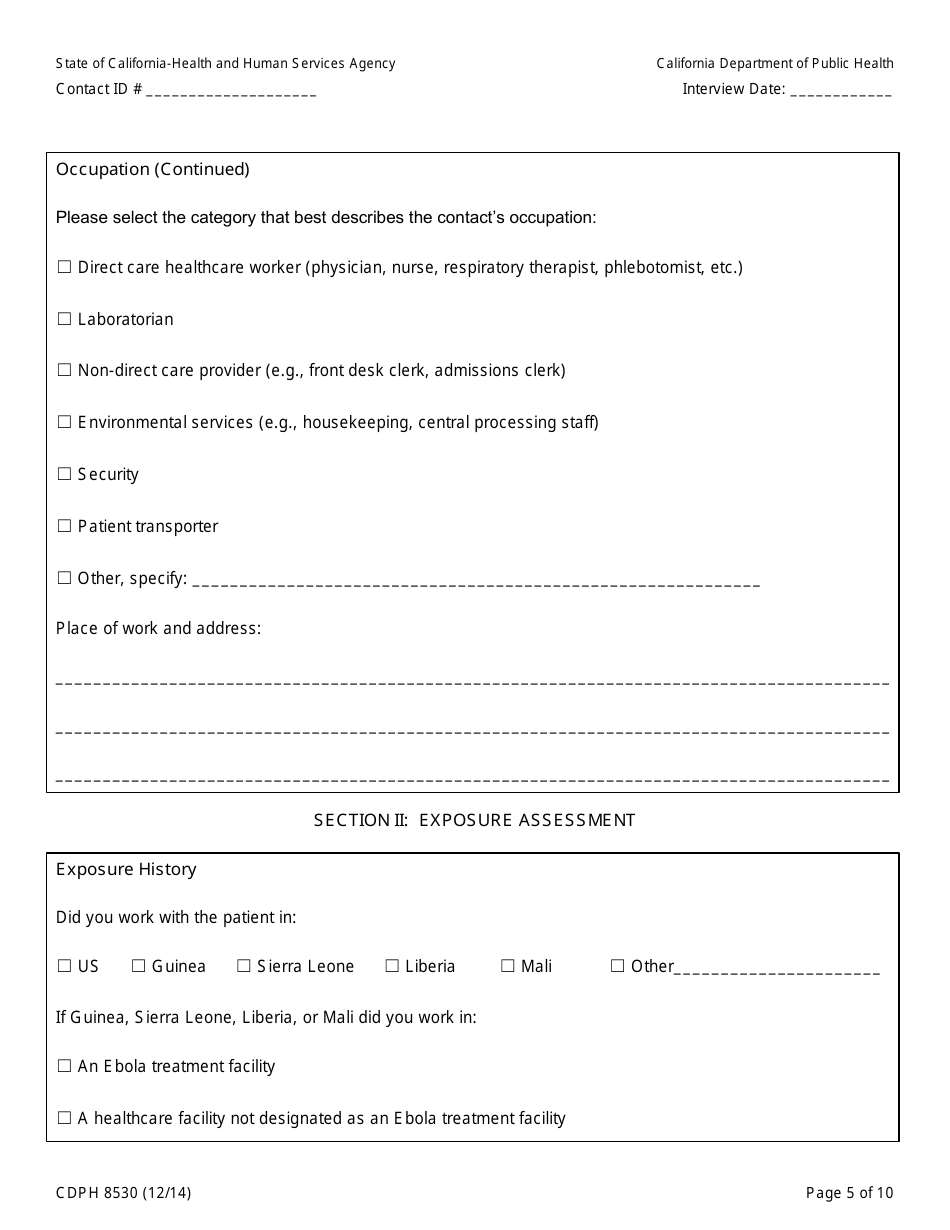 Form CDPH8530 Healthcare Worker (Hcw) Contact to Ebola Patient Interview Form - California, Page 5