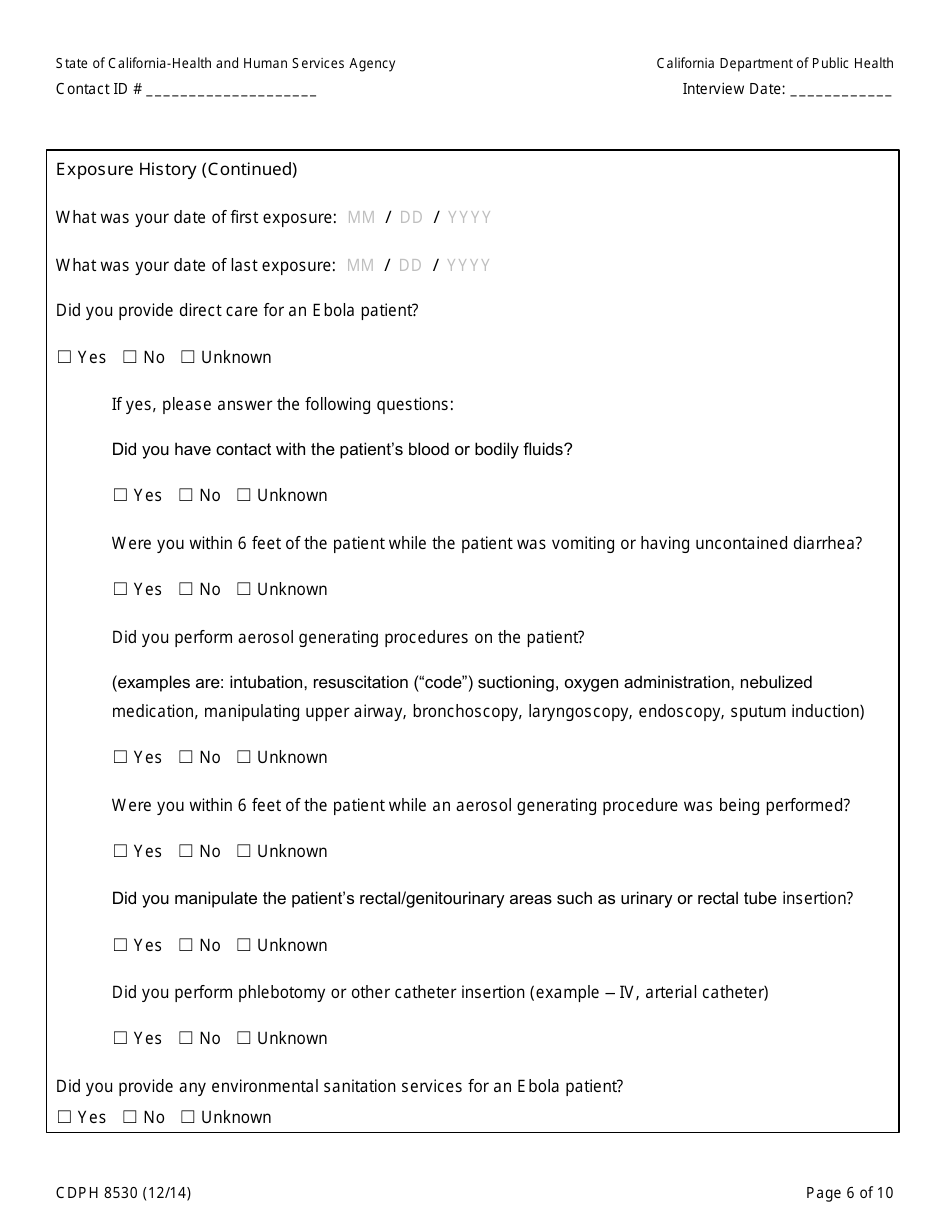 Form CDPH8530 Healthcare Worker (Hcw) Contact to Ebola Patient Interview Form - California, Page 6