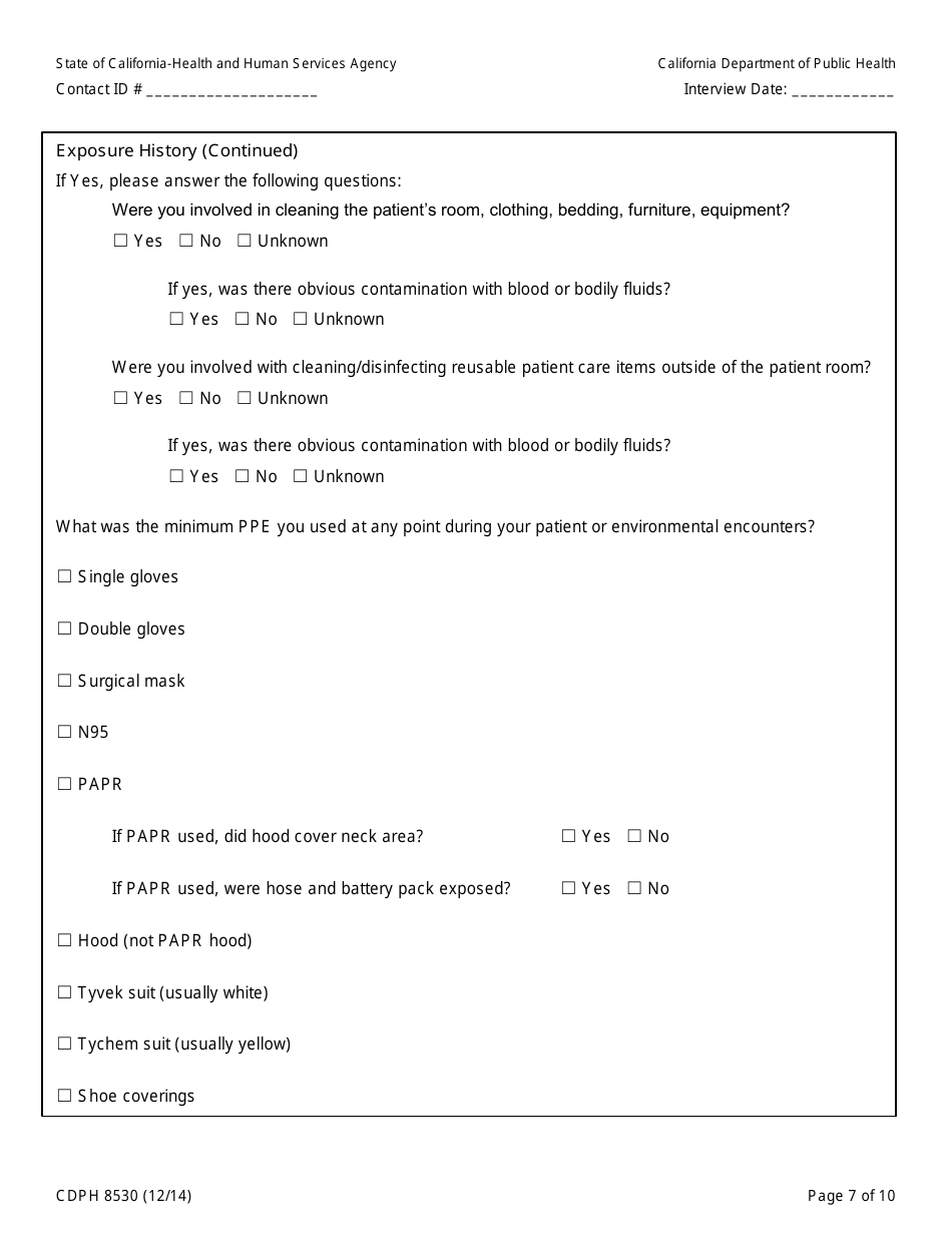 Form CDPH8530 Healthcare Worker (Hcw) Contact to Ebola Patient Interview Form - California, Page 7