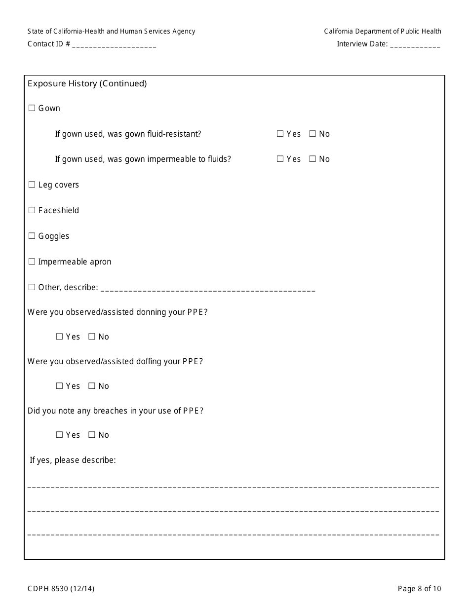 Form CDPH8530 Healthcare Worker (Hcw) Contact to Ebola Patient Interview Form - California, Page 8