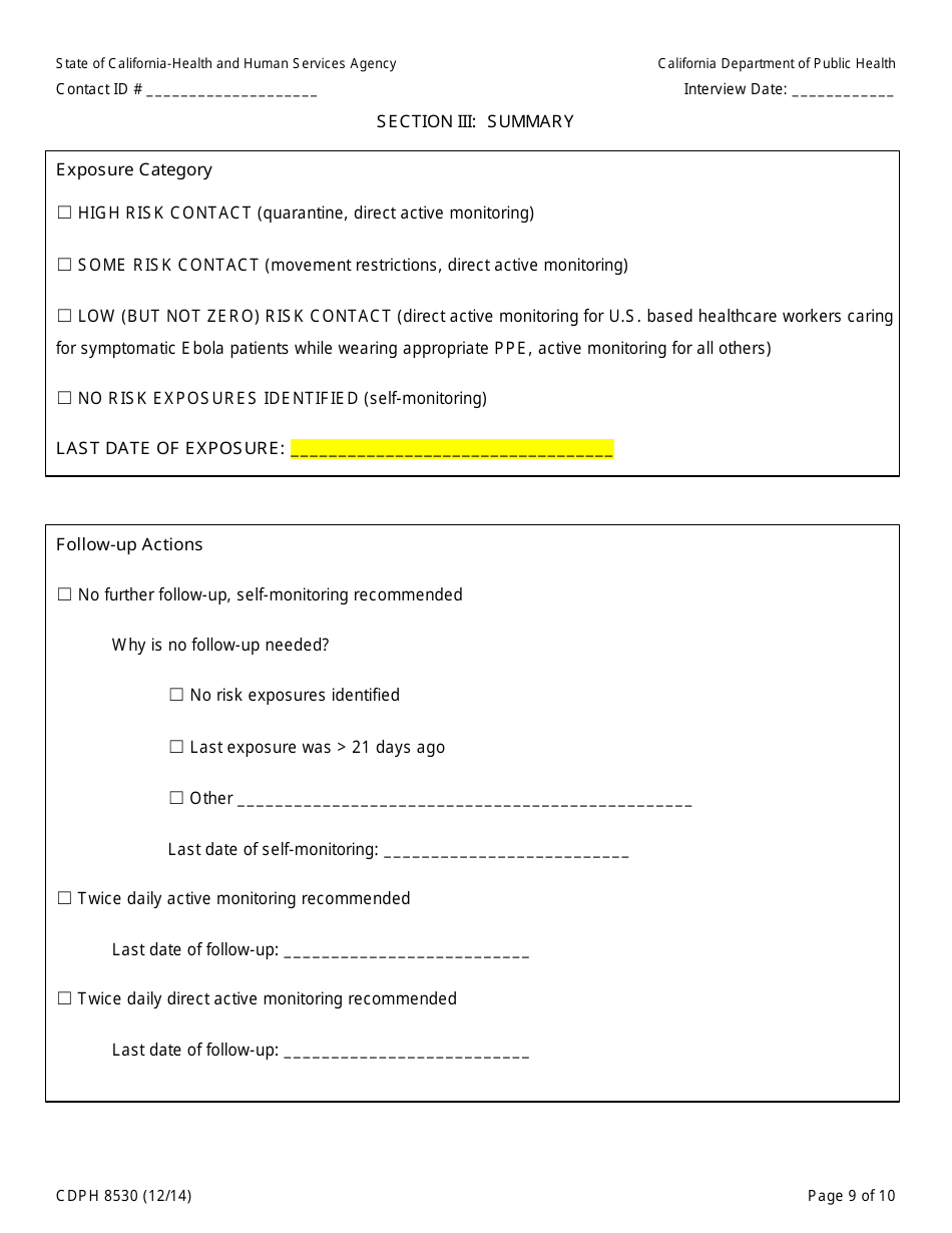 Form CDPH8530 Healthcare Worker (Hcw) Contact to Ebola Patient Interview Form - California, Page 9