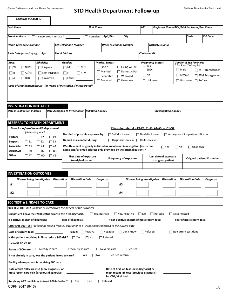 Form CDPH9047 Std Health Department Follow-Up - California, Page 1