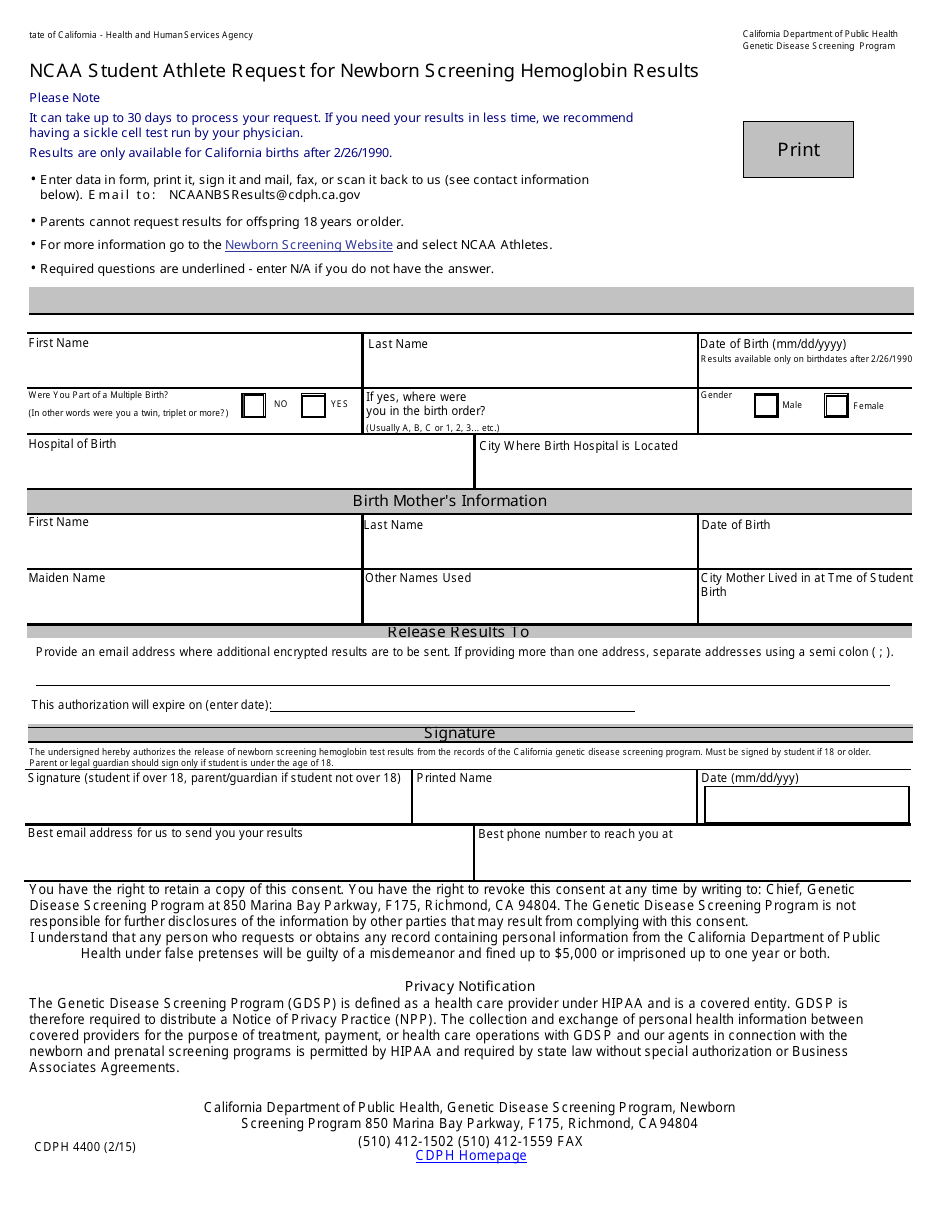 Form CDPH4400 NCAA Student Athlete Request for Newborn Screening Hemoglobin Results - California, Page 1