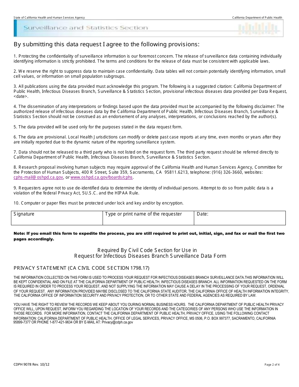 Form CDPH9078 Request for Infectious Diseases Branch Surveillance Data - California, Page 2