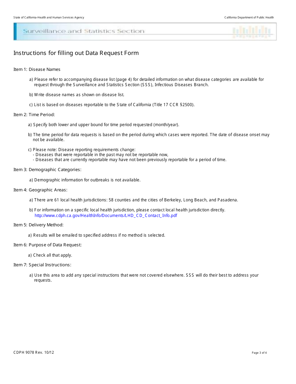 Form CDPH9078 Request for Infectious Diseases Branch Surveillance Data - California, Page 3