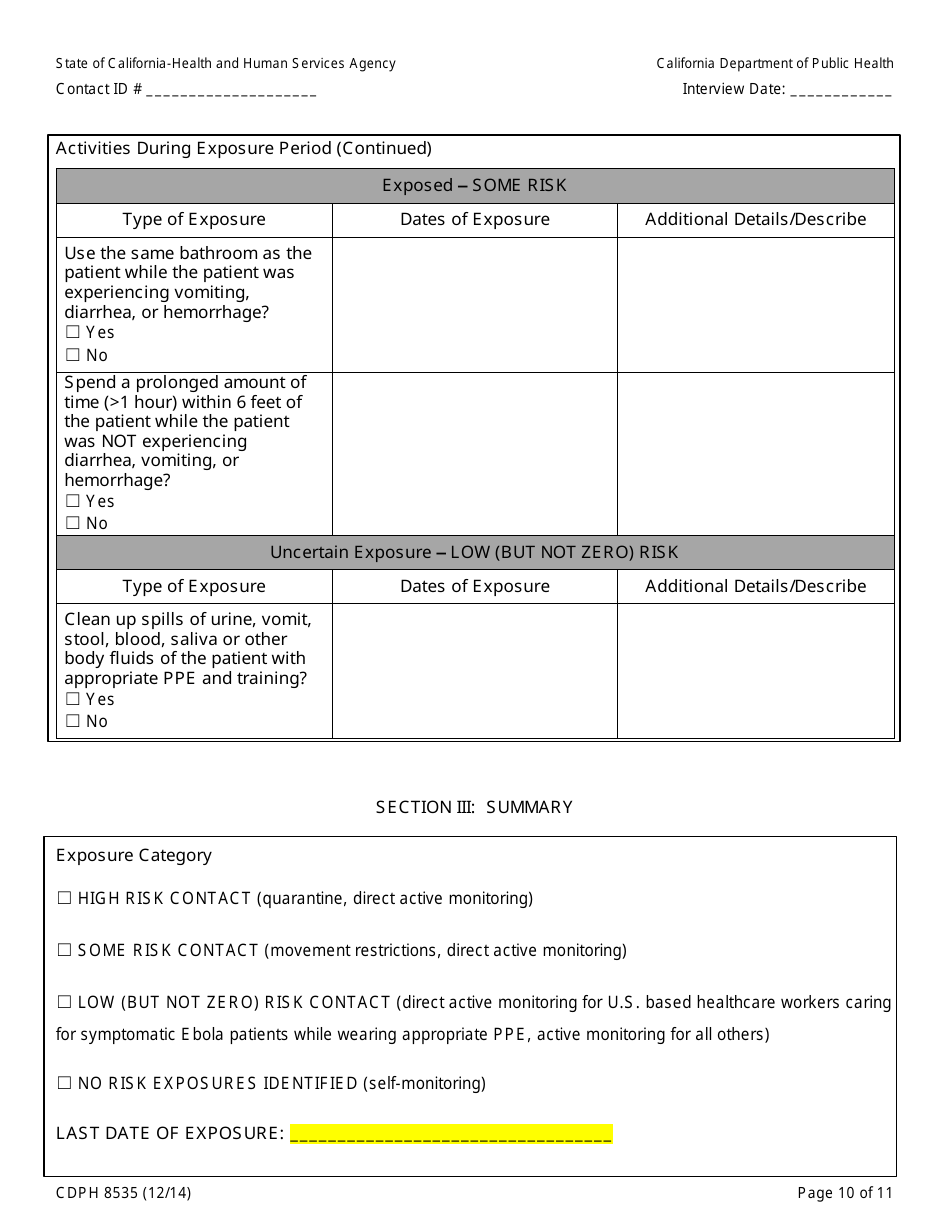 Form CDPH8535 Household or Other Community Contact to Ebola Patient Interview Form - California, Page 10